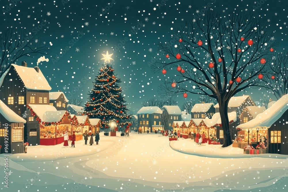 Fototapeta premium Festive Paper Cut Christmas Market in Village Square with Stalls and Tree | Cheerful Holiday Paper Craft Scene