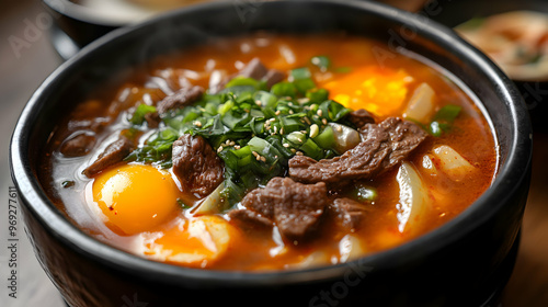 A vibrant Korean rice cake soup (Tteokguk) with slices of chewy rice cakes, beef, and egg strips, floating in a savory broth, served in a traditional porcelain bowl photo