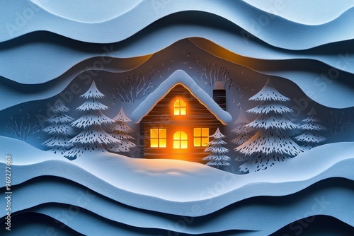 Cozy Paper Cut Cabin in Snowy Woods with Glowing Christmas Tree - Festive Winter Scene in Cut Out Style