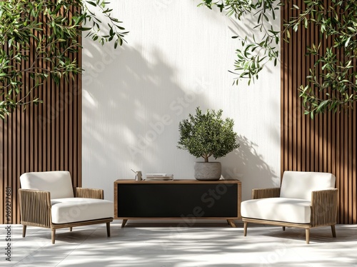 The patio has outdoor furniture, a BBQ kitchen deck, and a deck for picnics. The backyard has armchairs and trees. There is also a large terrace. Our outdoor lounge complex is 3D rendered.