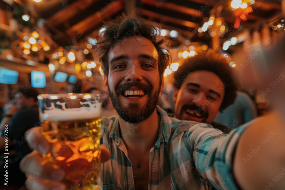 A person enjoying a beer in a pub-like setting A person enjoying a beer in a pub-like setting