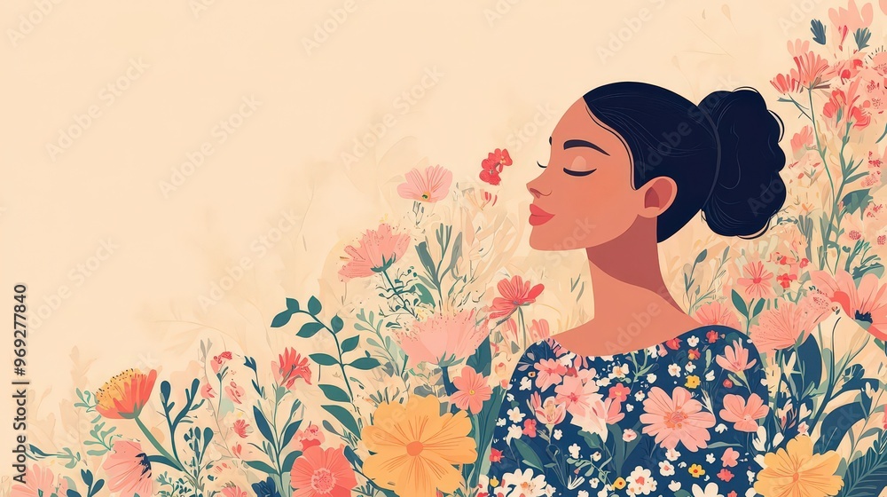 Fototapeta premium A serene portrait of a woman surrounded by blooming flowers, radiating beauty and tranquility in a vibrant floral setting.