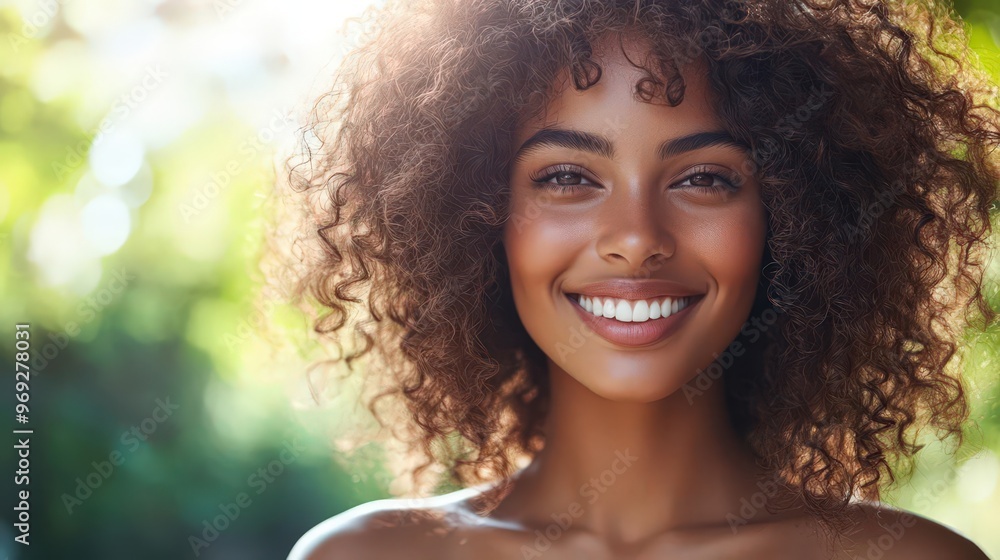 A cheerful woman with curly hair smiles brightly in a sunlit outdoor setting, radiating joy and happiness. A cheerful woman with curly hair smiles brightly in a sunlit outdoor setting, radiating joy and happiness.