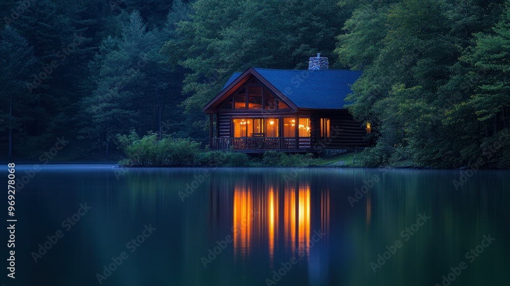 A serene cabin by a lake at dusk, reflecting warm light and surrounded by trees. A serene cabin by a lake at dusk, reflecting warm light and surrounded by trees.