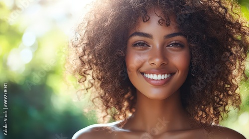 A cheerful woman with curly hair smiles brightly in a sunlit outdoor setting, radiating joy and happiness.