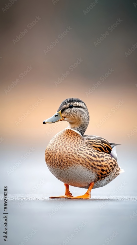 Professionally lit studio shot of a duck, with soft lighting highlighting the details of its feathers and natural colors against a minimalistic background. Professionally lit studio shot of a duck, with soft lighting highlighting the details of its feathers and natural colors against a minimalistic background.