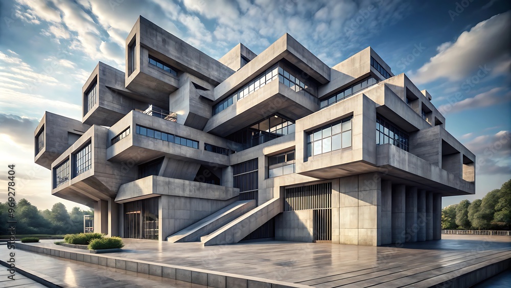 A visualization of a Neo-Brutalist structure with bold geometric shapes and exposed concrete textures. A visualization of a Neo-Brutalist structure with bold geometric shapes and exposed concrete textures.