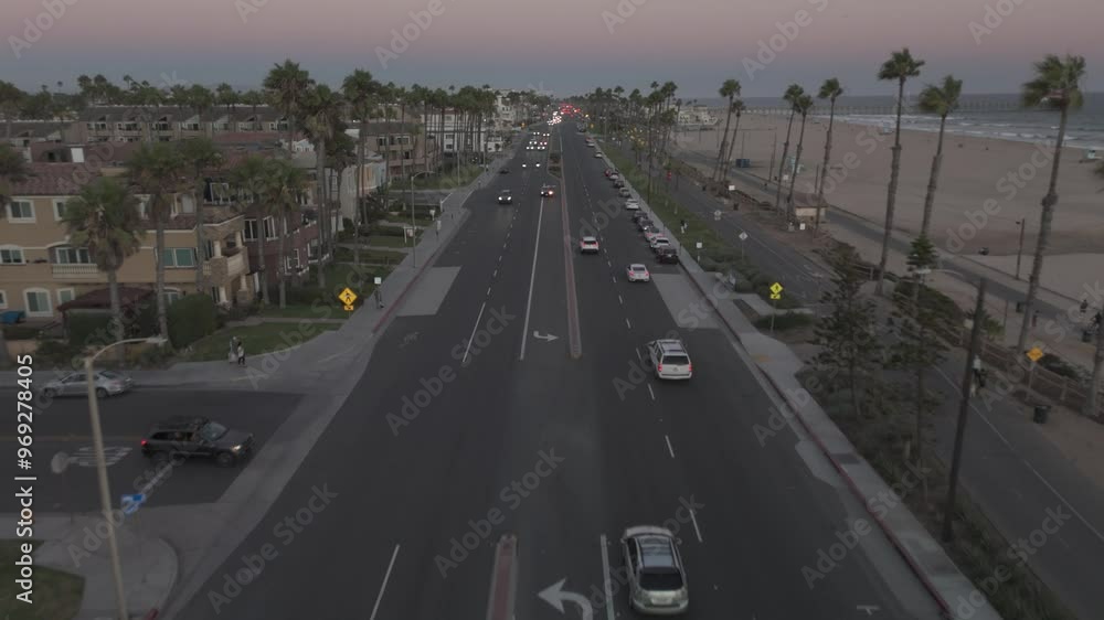 Aerial drone shot of the highway near Huntington Beach, California. Aerial drone shot of the highway near Huntington Beach, California.