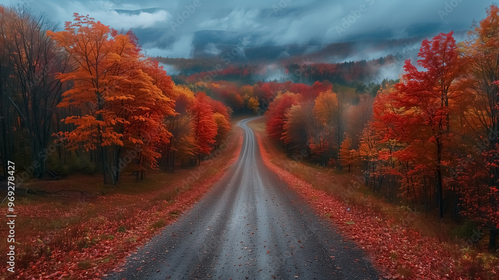 Beautiful highway in autumn with lots of colorful trees and autumnal mood, magical road driving through the forests Beautiful highway in autumn with lots of colorful trees and autumnal mood, magical road driving through the forests
