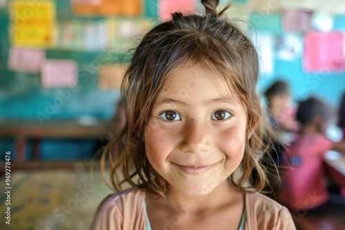 Wallpaper Mural A happy child sitting in a schoolroom, smiling and looking up Torontodigital.ca