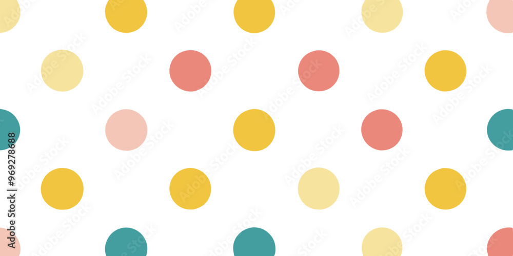 a pattern of polka dots on a white background. The dots are arranged in a grid-like pattern and come in various colors, including yellow, coral pink, teal, and a light peach a pattern of polka dots on a white background. The dots are arranged in a grid-like pattern and come in various colors, including yellow, coral pink, teal, and a light peach