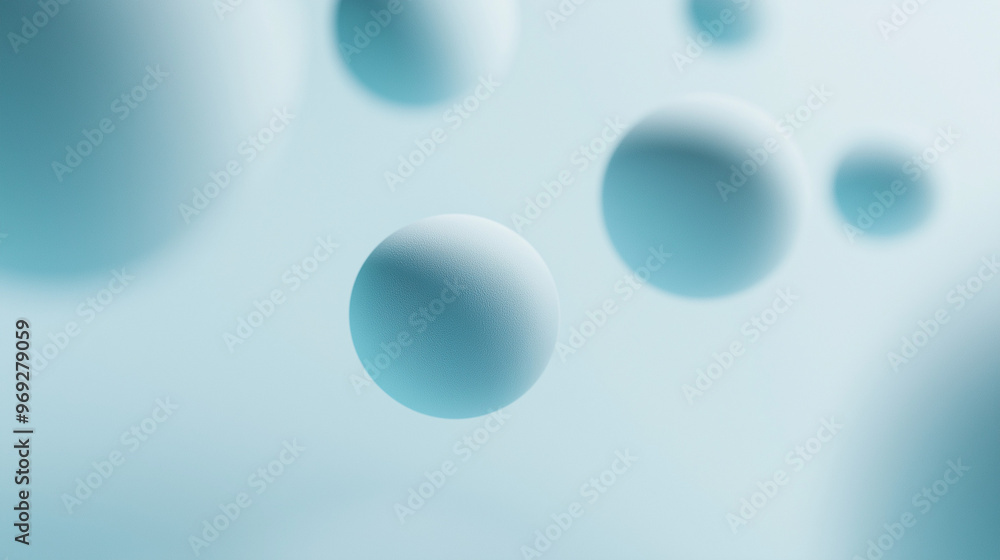 Multiple spherical objects of varying sizes, floating against a light blue background. The spheres are uniformly colored in a soft shade of blue and are positioned at different depths Multiple spherical objects of varying sizes, floating against a light blue background. The spheres are uniformly colored in a soft shade of blue and are positioned at different depths