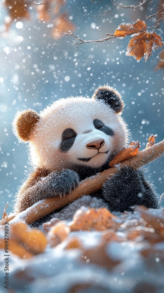 Engaging panda playing or resting in a snowy landscape, with snowflakes falling on its fur and the wintery setting adding a charming contrast. Engaging panda playing or resting in a snowy landscape, with snowflakes falling on its fur and the wintery setting adding a charming contrast.