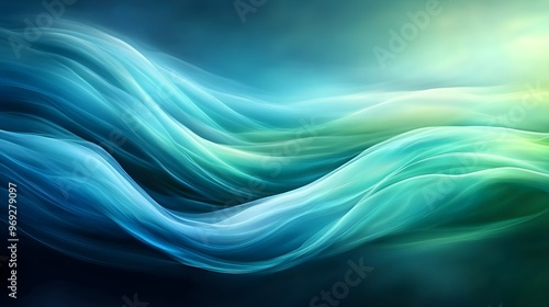 Fluid abstract waves, green and blue tones, softly curving lines, harmonious flow, evoking peacefulness and nature-inspired tranquility