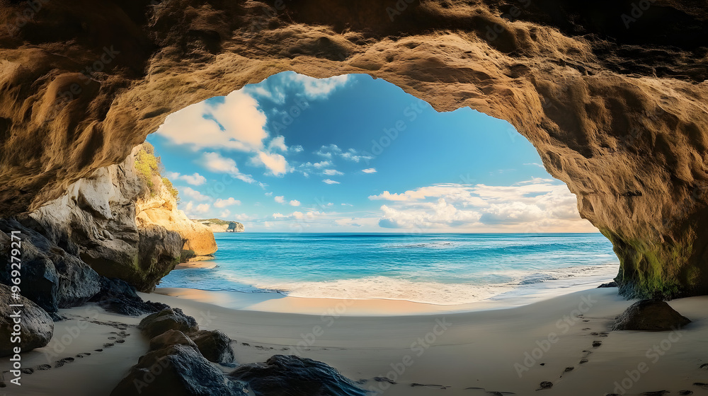 a beach cave with an opening overlooking the expansive ocean a beach cave with an opening overlooking the expansive ocean