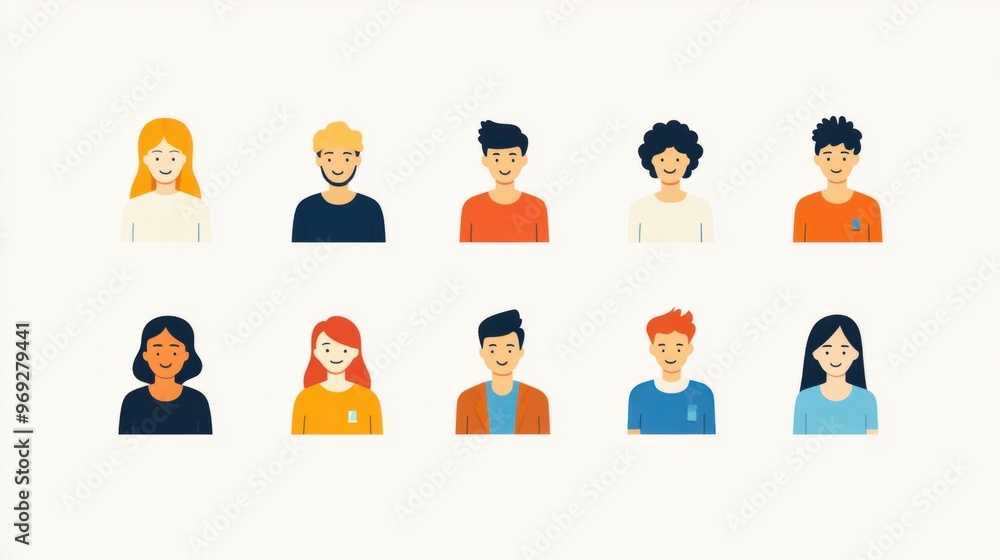 A set of diverse people icons in different colors, representing various genders and age groups in a modern minimalist style. A set of diverse people icons in different colors, representing various genders and age groups in a modern minimalist style.