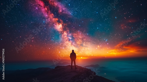 Person silhouette looking at the Milky Way galaxy at night, astronomy image