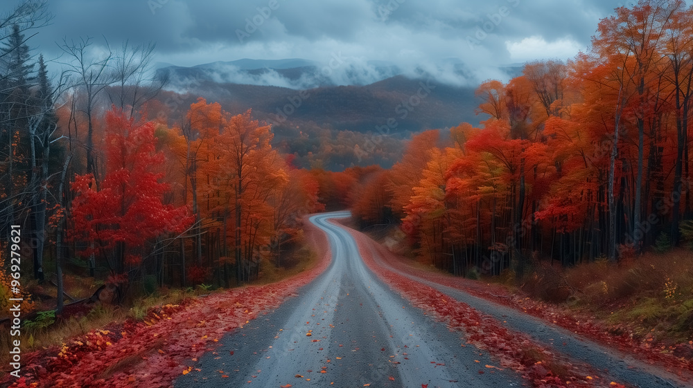 Obraz premium Beautiful highway in autumn with lots of colorful trees and autumnal mood, magical road driving through the forests