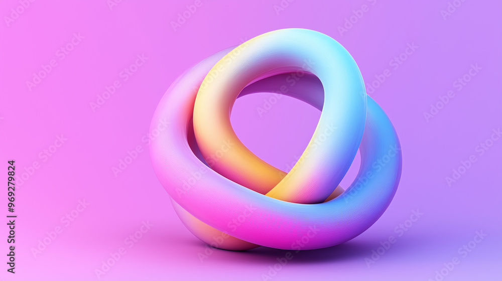 A three-dimensional, abstract object that appears to be a twisted and intertwined loop. The object is rendered in vibrant hues of pink, blue, and yellow. It is set against a solid purple background A three-dimensional, abstract object that appears to be a twisted and intertwined loop. The object is rendered in vibrant hues of pink, blue, and yellow. It is set against a solid purple background
