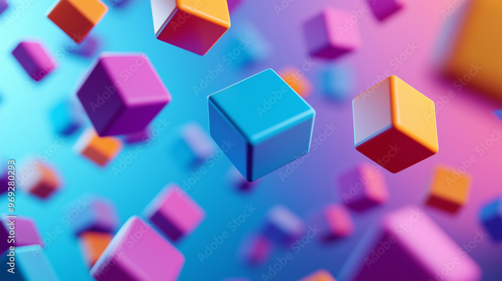 A vibrant and colorful 3D arrangement of cubes and rectangular prisms. These geometric shapes are of varying sizes, with some appearing as large cubes while others are miniature. A vibrant and colorful 3D arrangement of cubes and rectangular prisms. These geometric shapes are of varying sizes, with some appearing as large cubes while others are miniature.