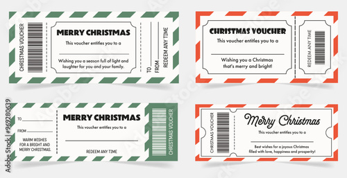 Christmas voucher template. Christmas gift voucher coupon template for friends, colleagues, family. Winter holiday gift Idea. Coupon books pages. Merry Christmas greeting.