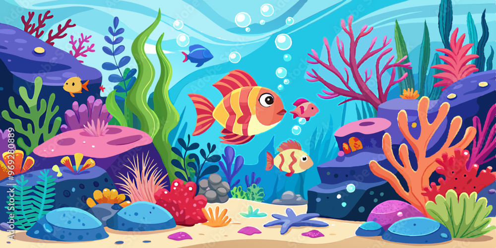 a colorful illustration of an underwater scene. It features a variety of vibrant coral and sea plants in shades of pink, purple, green, and orange. There are several fish swimming around a colorful illustration of an underwater scene. It features a variety of vibrant coral and sea plants in shades of pink, purple, green, and orange. There are several fish swimming around