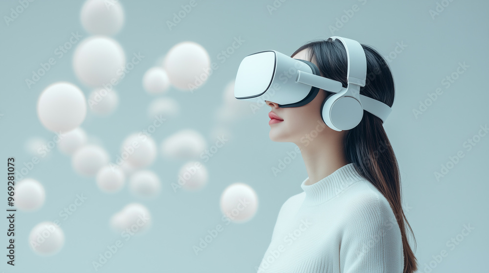A woman wearing a virtual reality headset, surrounded by floating white spheres. The image emphasizes immersive virtual environments, showcasing advanced AI-driven technology in a minimalist design.