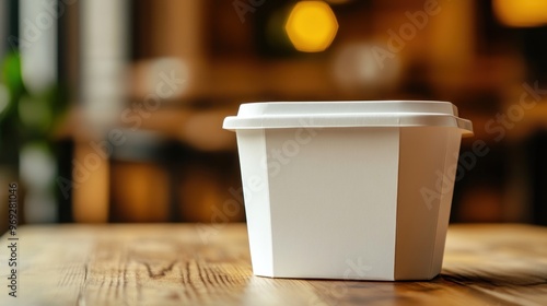 A plain white takeout container sits on a wooden table in a cozy indoor setting.