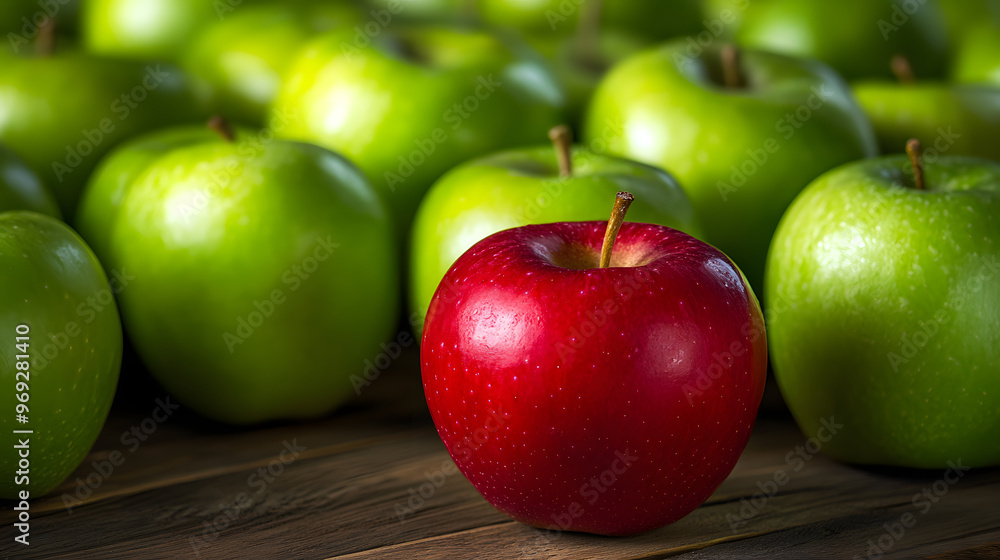 High-Definition Shot of a Single Red Apple Among Green Apples on a Rustic Surface High-Definition Shot of a Single Red Apple Among Green Apples on a Rustic Surface