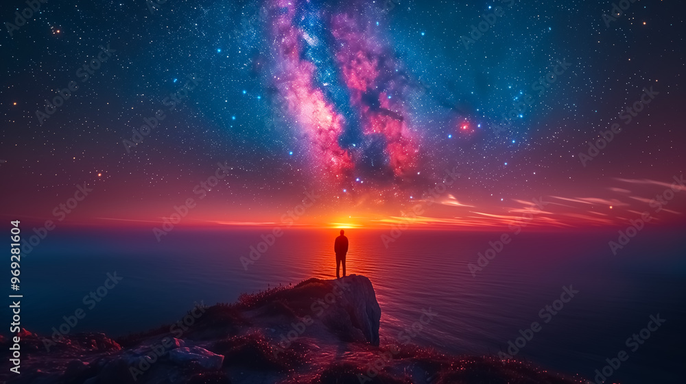Obraz premium Mesmerizing view of a man silhouette looking at the Milky Way galaxy from the top of the mountain, starry night sky with stars