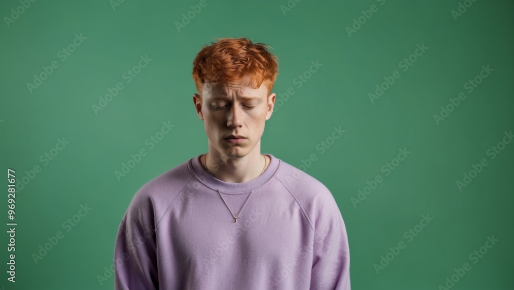 A young individual with closed eyes against a green background A young individual with closed eyes against a green background