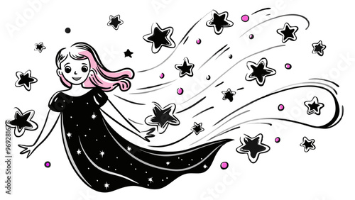 an illustration of a whimsical, fairy-like girl with long hair that has a pink tint. She is wearing a flowing black dress adorned with small white stars. The girl appears to be floating or flying