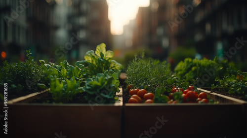 A thriving community garden filled with vibrant vegetables, including tomatoes and leafy greens, set against an urban backdrop. The scene highlights urban sustainability and local food cultivation. photo