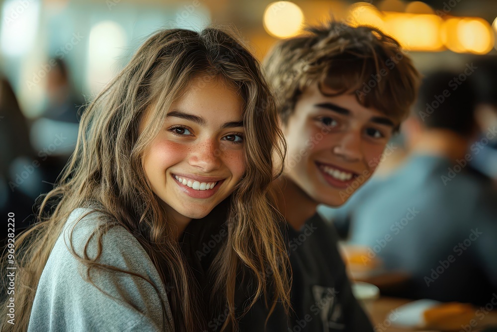 two diverse high school students sharing a heartfelt moment during lunch their faces radiating joy and camaraderie in a bustling cafeteria setting two diverse high school students sharing a heartfelt moment during lunch their faces radiating joy and camaraderie in a bustling cafeteria setting
