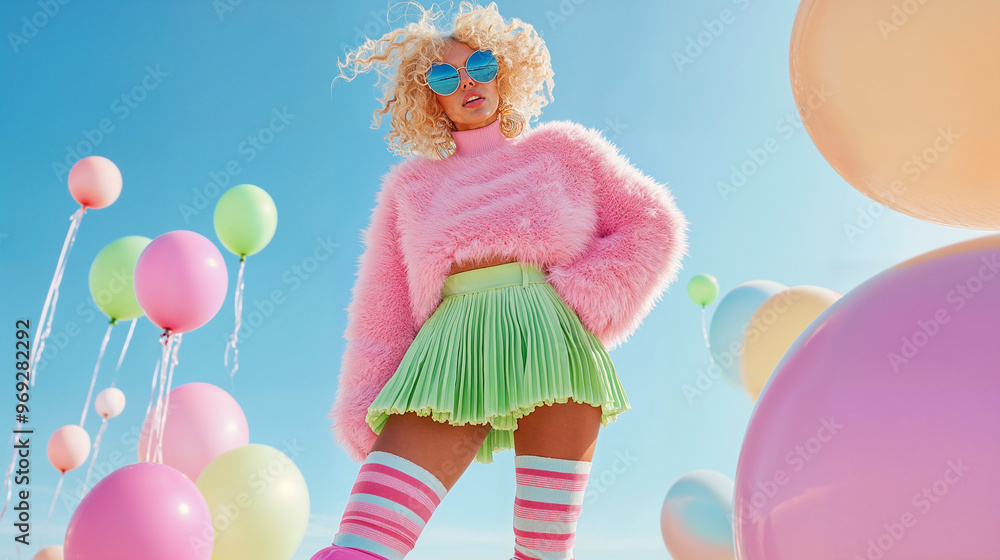 Stylish woman surrounded by pastel balloons under bright sky Stylish woman surrounded by pastel balloons under bright sky