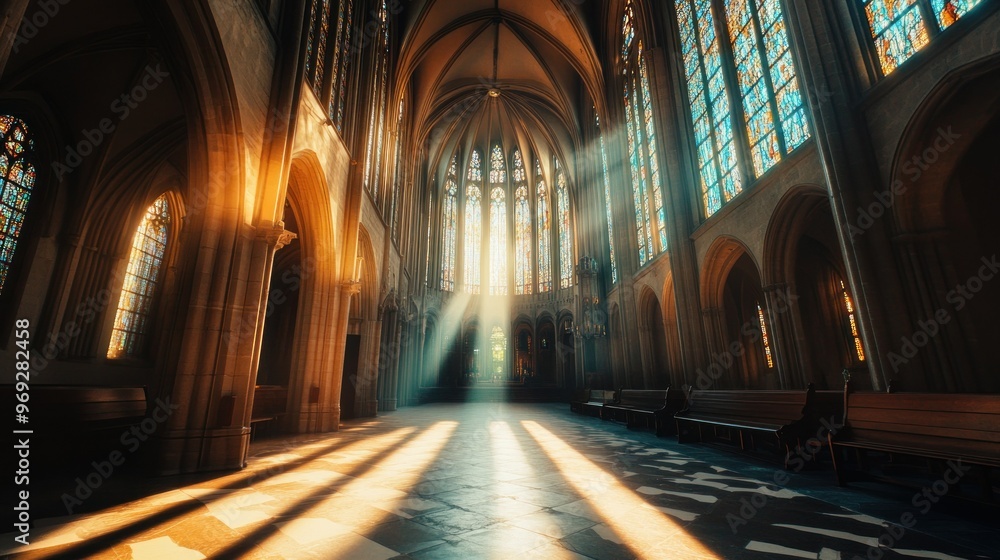A serene interior of a cathedral with stained glass windows and sunlight streaming in. A serene interior of a cathedral with stained glass windows and sunlight streaming in.