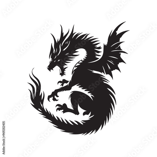 Fantasy Dragon Silhouette - Mythical Creature Outline, Vector drawing of a black dragon silhouette that sits