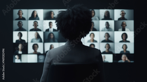 A woman sits in front of a large screen displaying a virtual meeting with many participants. The participants' faces are arranged in a grid format, showing a diverse team in a remote conference. photo