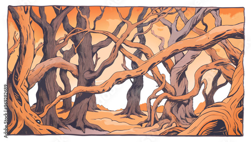 an illustration of a dense, twisted forest. The trees have long, gnarled branches that intertwine and stretch across the scene. The color palette is warm, with shades of orange and brown dominating 