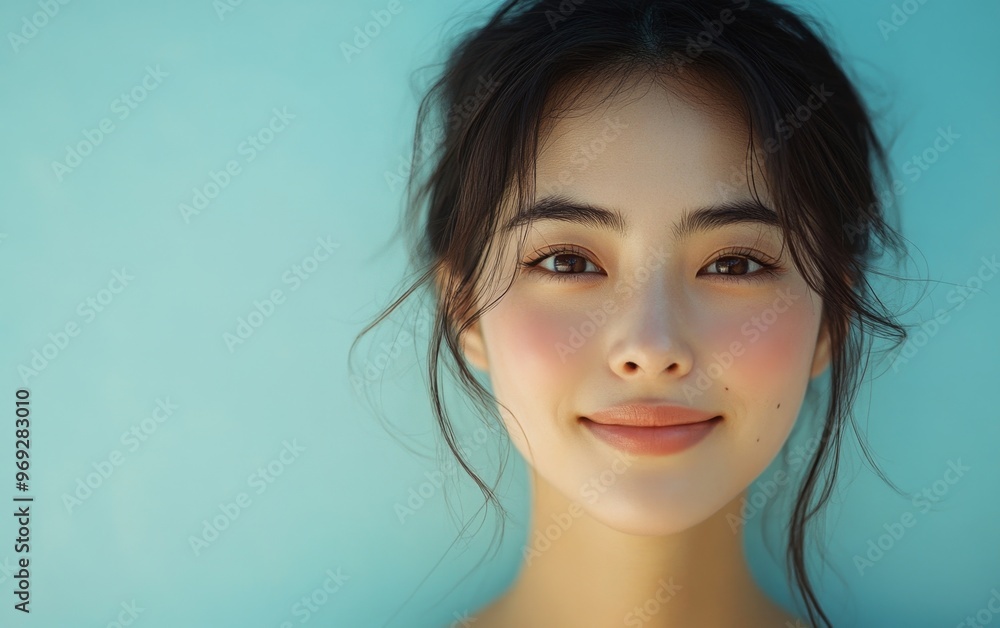 Asian Woman Smiling Softly in Sunlight against Light Blue Background Asian Woman Smiling Softly in Sunlight against Light Blue Background