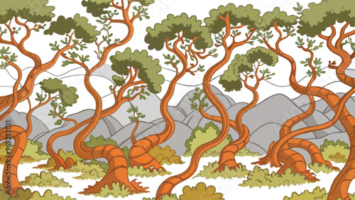 an illustration of a whimsical forest scene. It features a series of tall, twisting trees with orange-brown trunks and green foliage. The trees have a unique, spiraling appearance