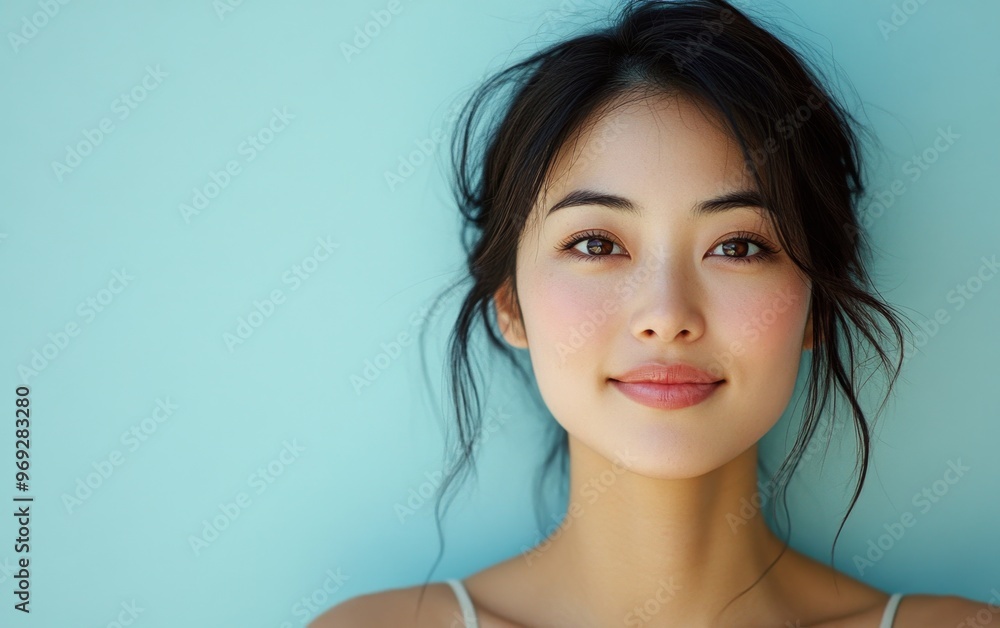 Asian Woman Smiling in Close-Up Portrait with Sunlight on Light Blue Background Asian Woman Smiling in Close-Up Portrait with Sunlight on Light Blue Background