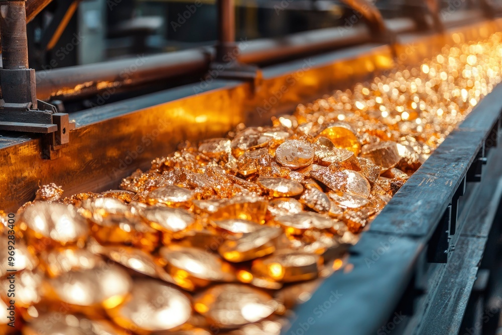Gold Bars Moving on a Conveyor Belt in a Refinery Gold Bars Moving on a Conveyor Belt in a Refinery