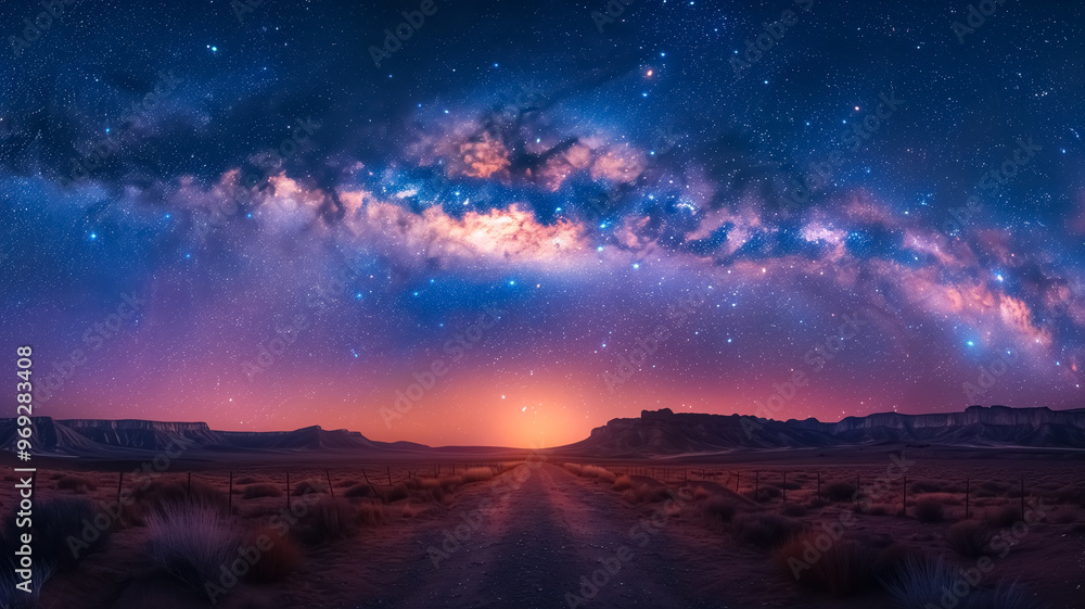 Milky Way panoramic view in the night sky , fantasy image of galaxy at night over the lake and mountain Milky Way panoramic view in the night sky , fantasy image of galaxy at night over the lake and mountain