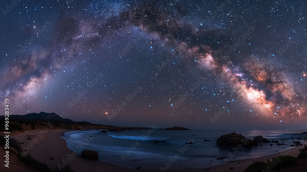 Milky Way panoramic view in the night sky , fantasy image of galaxy at night over the lake and mountain Milky Way panoramic view in the night sky , fantasy image of galaxy at night over the lake and mountain
