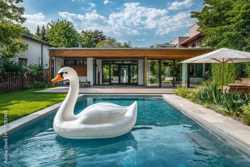 Floating balloons decorate tropical garden pool villa