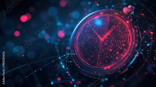 A futuristic pocket watch with glowing patterns against a dark, abstract background.