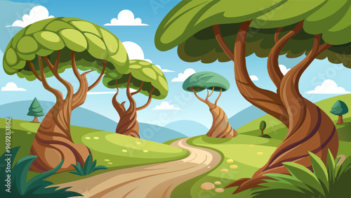 a colorful, cartoon-style illustration of a scenic landscape. It features a winding dirt path that leads through a grassy area with several large, whimsical trees