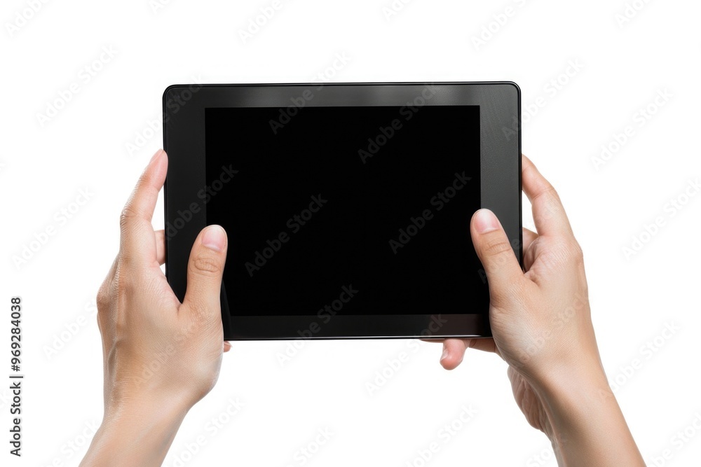 A person holding a tablet with a black screen, perfect for illustrations of technology, communication, and modern life A person holding a tablet with a black screen, perfect for illustrations of technology, communication, and modern life