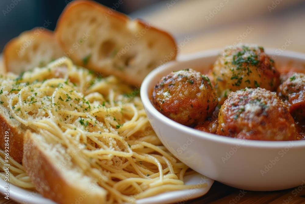 A plate of buttery garlic bread beside a hearty bowl of spaghetti and meatballs A plate of buttery garlic bread beside a hearty bowl of spaghetti and meatballs